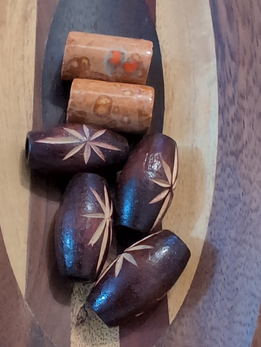 1970s Carved Starburst Oval Wood Beads and Ceramic Beads